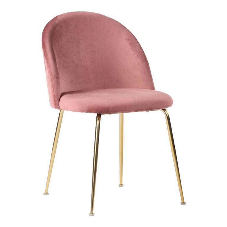 Greve spisebordsstol i rosa velour med skålformet ryg og kraftig metalstel i messinglook.