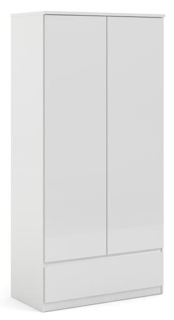 Nibe 100 cm bredt garderobeskab hvid højglans med 2 skabe og 1 skuffe.