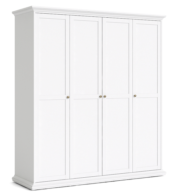 Se Frisenborg hvidt garderobeskab, 180cm bredt med 4 døre, inkl 9 hylder hos Dansk Restlager