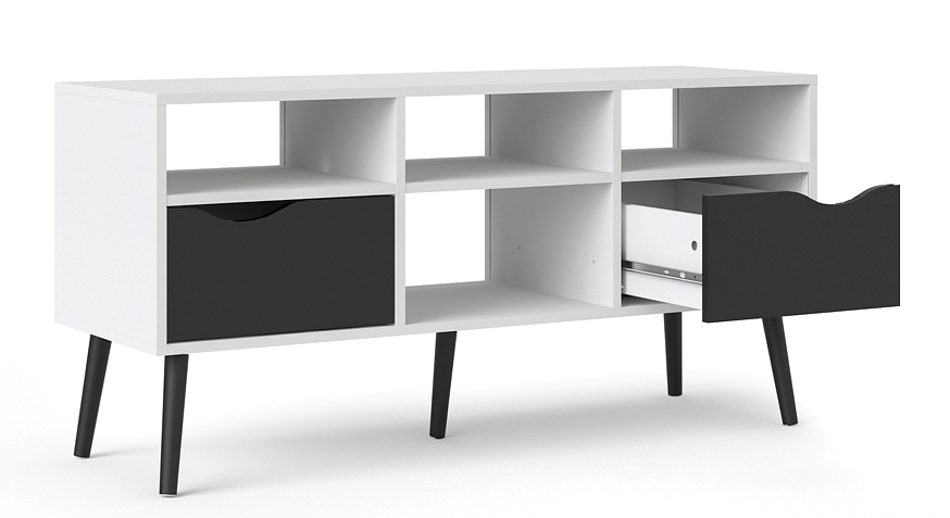 Odense  120 cm  bredt TV bord hvid og mat sort look med 2 skuffer og 4 rum.