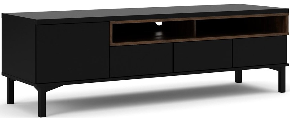 Barsø 155 cm bredt TV møbel sort og valnødde look med 3 skuffer, 1 skab og 2 hylder.