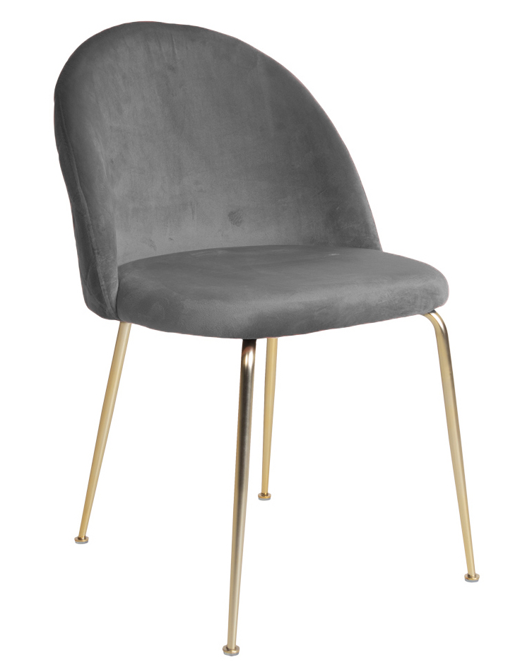 Greve spisebordsstol i grå velour med skålformet ryg og kraftig metalstel i messinglook.
