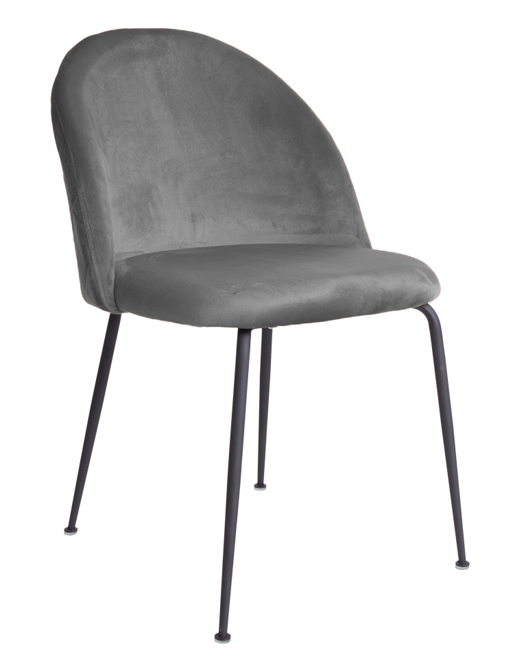 Greve spisebordsstol i grå velour med skålformet ryg og kraftigt sort metalstel