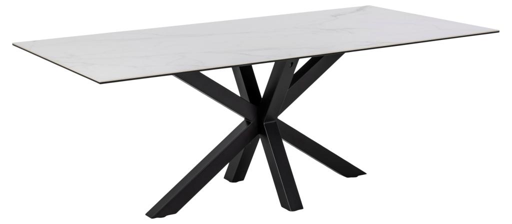 Sorgenfri spisebord 200 x 100 cm med hvid keramisk bordplade og sort metalstel.