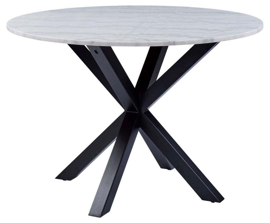 Sorgenfri rundt spisebord 110 cm hvid marmor og med sort metalstel.