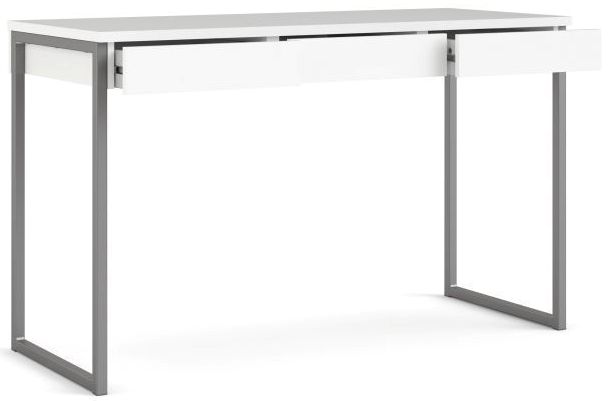 Prestige hvidt skrivebord 125 x 51 cm med 3 skuffer og metalstel.