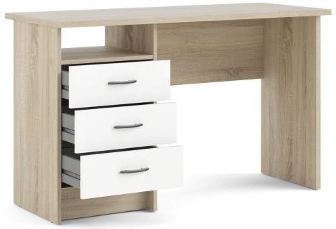 Prestige skrivebord i ege look og hvidt 120 x 48 cm med 3 skuffer og 1 åbent rum.