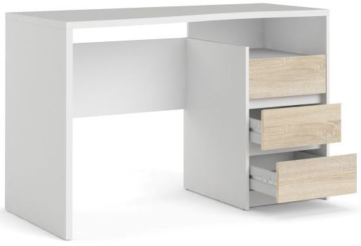 Prestige skrivebord 120 x 56 cm i hvidt og ege look med 3 skuffer og 1 åbent rum.