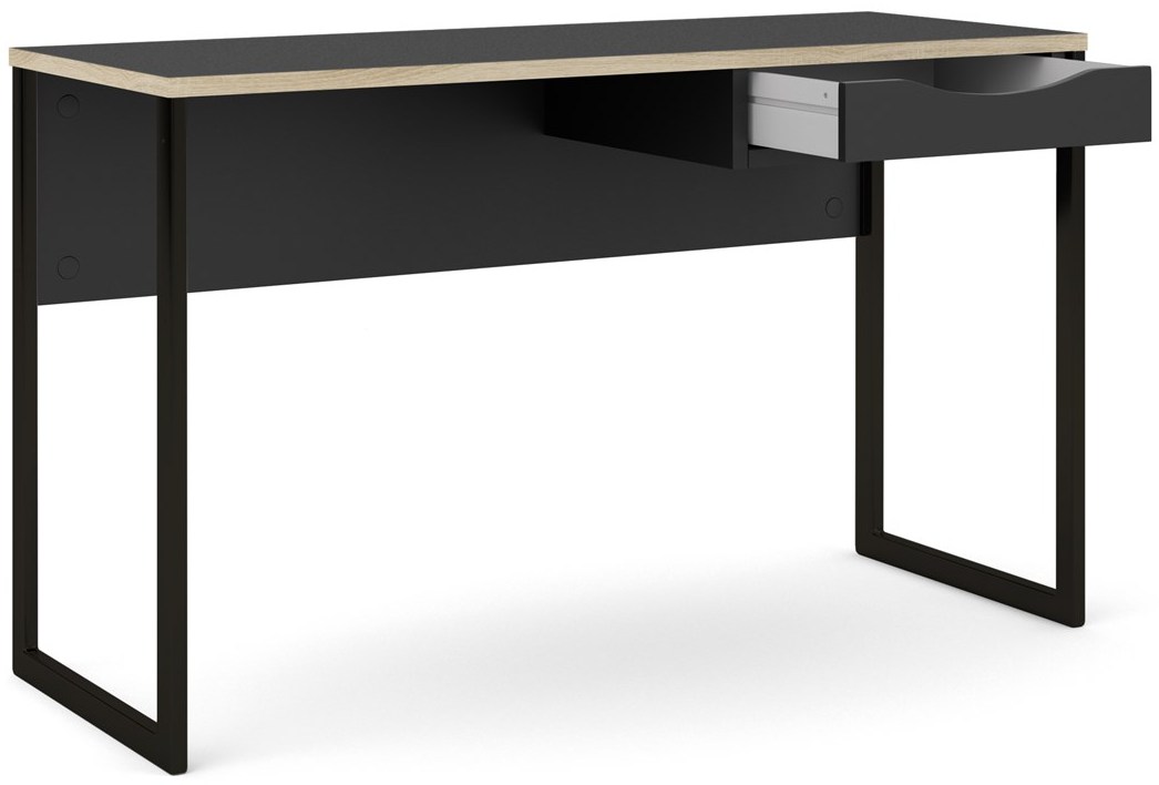 Prestige sort skrivebord 130 x 48 cm med 1 skuffe og metalstel.