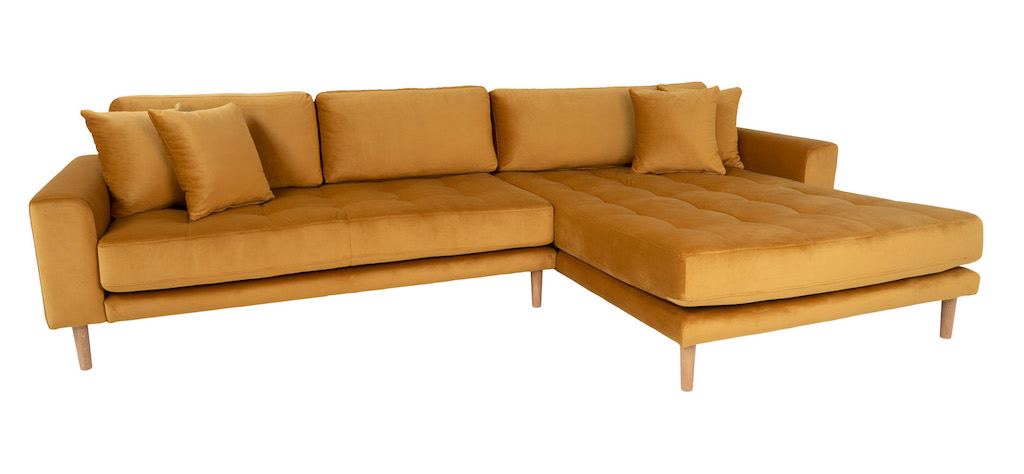 Riviera lounge sofa sennepsgul velour, højrevendt Længde på 290 cm
