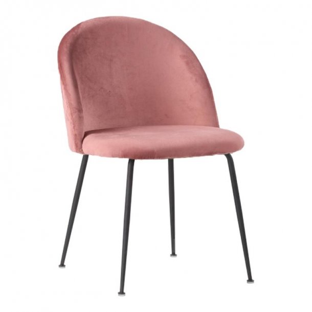 Greve spisebordsstol i rosa velour med sklformet ryg og kraftig sort metal stel.