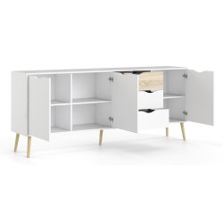 Odense 195 cm sknk hvid og ege look med 3 skuffer og 3 skabe.