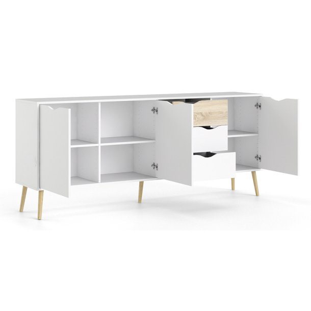 Odense 195 cm sknk hvid og ege look med 3 skuffer og 3 skabe.