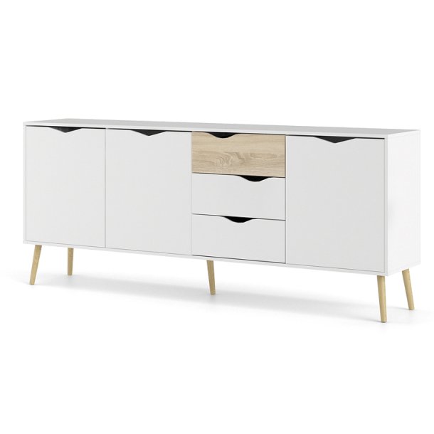 Odense 195 cm sknk hvid og ege look med 3 skuffer og 3 skabe.