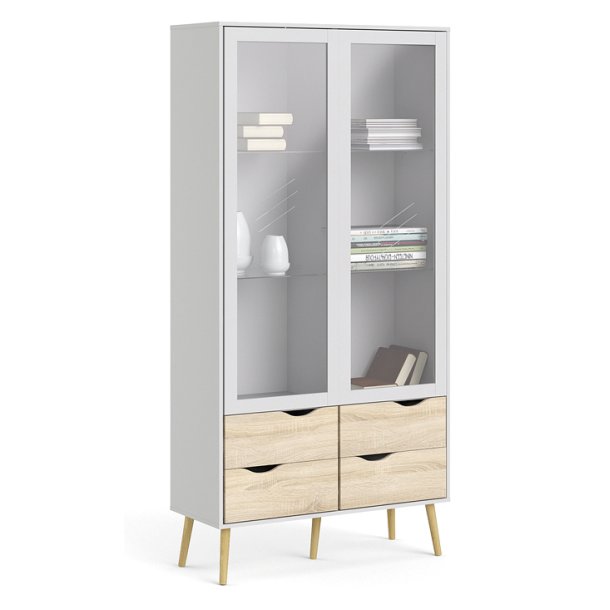 Odense vitrineskab 100 cm bredt med 4 skuffer og 2 glasdre.