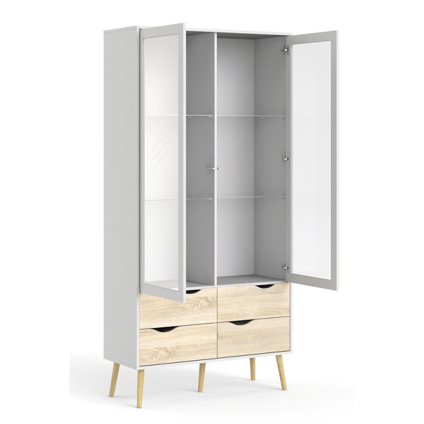 Odense vitrineskab 100 cm bredt med 4 skuffer og 2 glasdre.