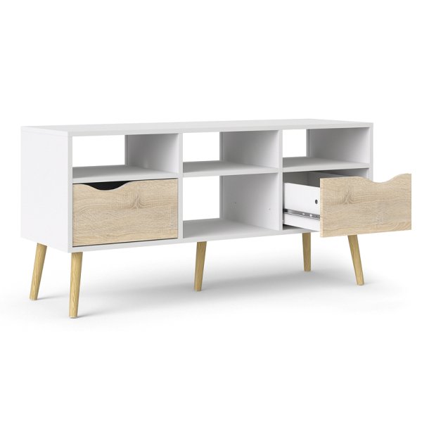 Odense  ca 120 cm bredt TV bord hvid og ege look med 2 skuffer og 4 rum.