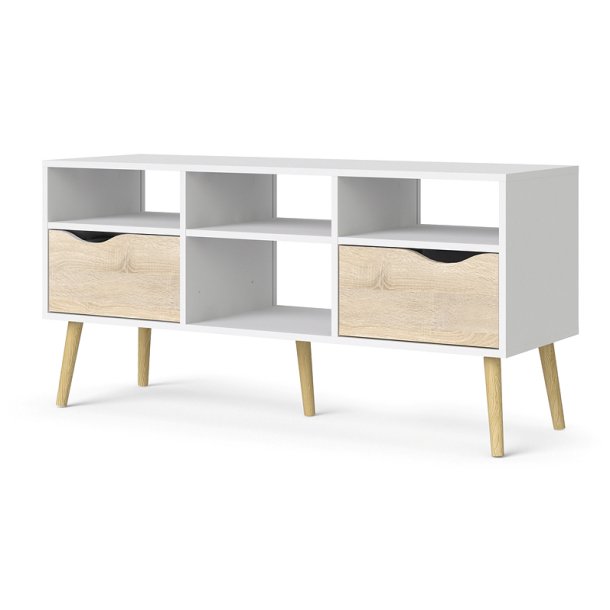 Odense  ca 120 cm bredt TV bord hvid og ege look med 2 skuffer og 4 rum.