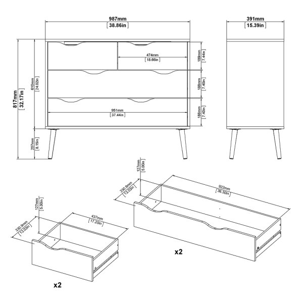 Odense 100 cm bred kommode med 4 skuffer, hvid og ege look 