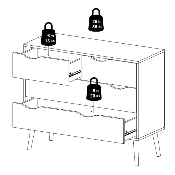 Odense 100 cm bred kommode med 4 skuffer, hvid og ege look 