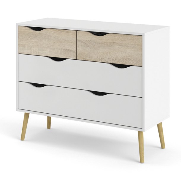 Odense 100 cm bred kommode med 4 skuffer, hvid og ege look 