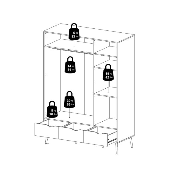 Odense 150 cm bredt hvidt garderobeskab med 3 lger og 3 ege look skuffer.