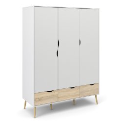 Odense 150 cm bredt hvidt garderobeskab med 3 lger og 3 ege look skuffer.