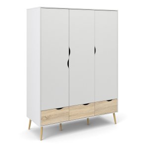 Odense 150 cm bredt hvidt garderobeskab med 3 lger og 3 ege look skuffer.