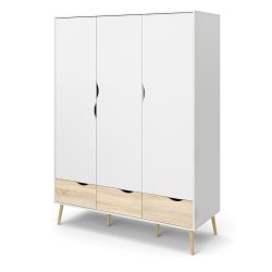 Odense 150 cm bredt hvidt garderobeskab med 3 lger og 3 ege look skuffer.