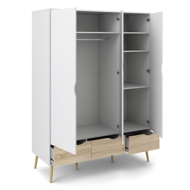 Odense 150 cm bredt hvidt garderobeskab med 3 lger og 3 ege look skuffer.