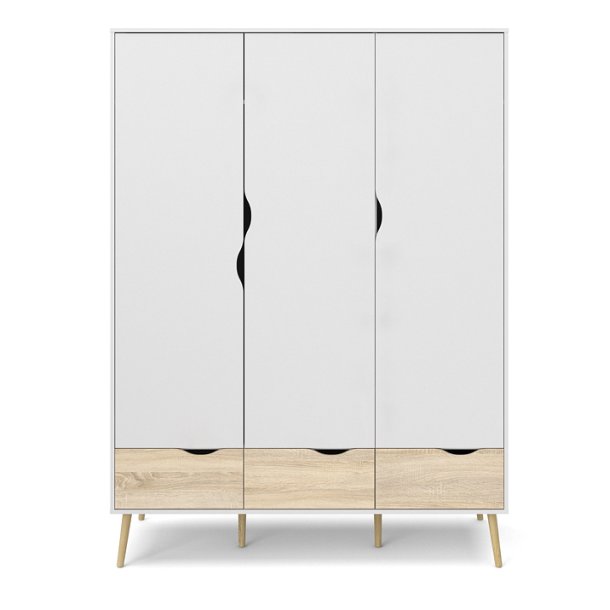 Odense 150 cm bredt hvidt garderobeskab med 3 lger og 3 ege look skuffer.