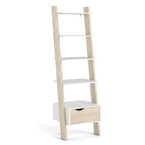 Odense reol 55 cm bred med 5 hylder og skuffe, hvid og ege look