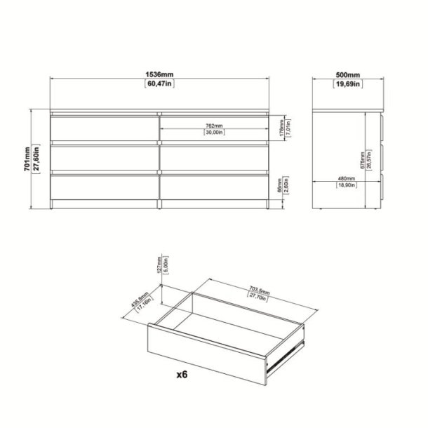 Nibe 150 cm bred kommode hvid ask med 6 skuffer.