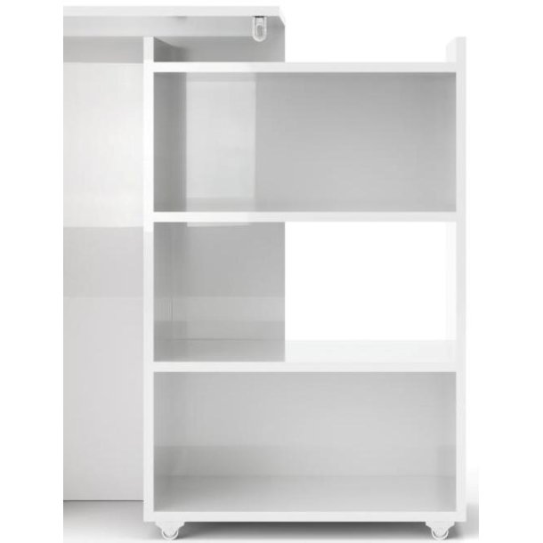 Nibe 140 cm hovedgavl i hvid h�jglans med 2 skabe p� hjul til opbevaring.