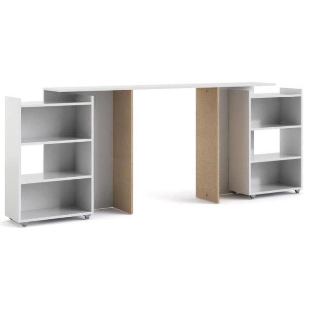 Nibe 160 cm hovedgavl i hvid h�jglans med 2 skabe p� hjul til opbevaring.