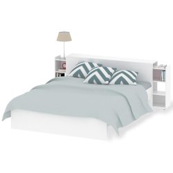 Nibe 160 cm hovedgavl i hvid h�jglans med 2 skabe p� hjul til opbevaring.