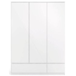 Nibe 150 cm bredt garderobeskab hvid hjglans med 3 skabe og 2 skuffer.