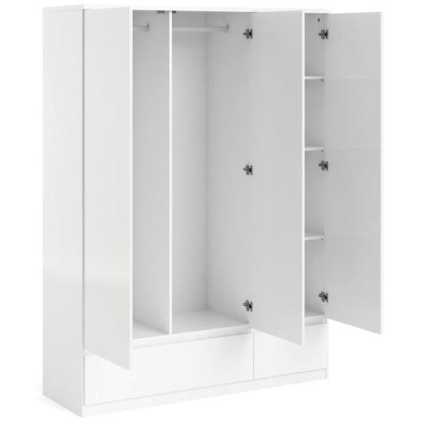 Nibe 150 cm bredt garderobeskab hvid hjglans med 3 skabe og 2 skuffer.