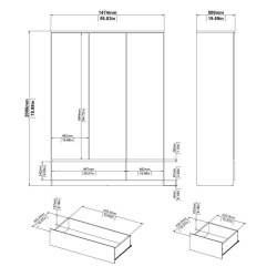 Nibe 150 cm bredt garderobeskab hvid hjglans med 3 skabe og 2 skuffer.
