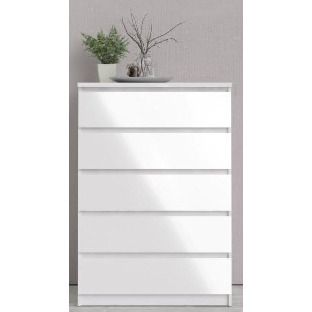 Nibe 75 cm bred hvid hjglans kommode med 5 skuffer.