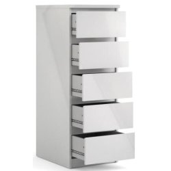 Nibe 40 cm smal kommode i hvid hjglans og med 5 skuffer.