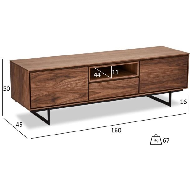 Rungsted TV bord 160 cm i valnd og med sortlakeret metalstel.