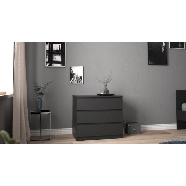 Nibe 75 cm mat sort kommode med 3 skuffer.