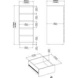 Nibe 40 cm bred kommode i ege look med 5 skuffer.