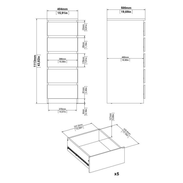  Nibe 40 cm bred kommode mat sort med 5 skuffer.