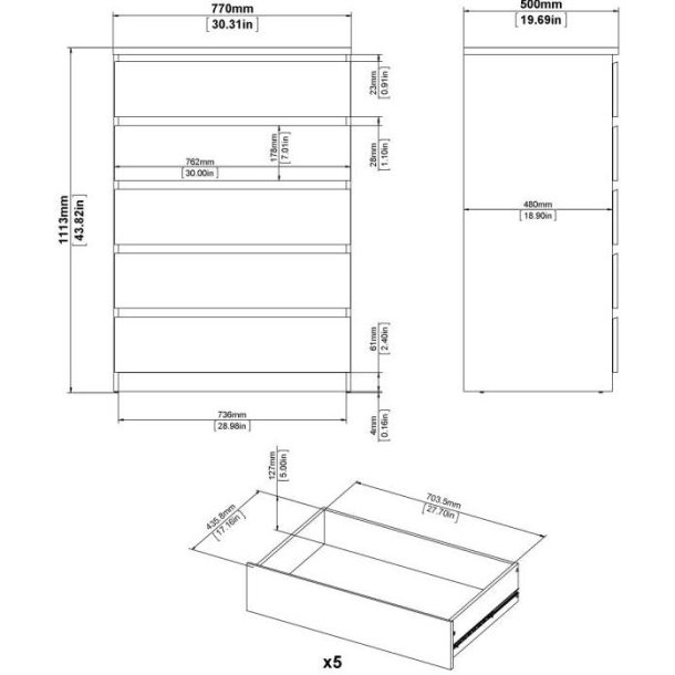 Nibe 75 cm bred kommode i ege look med 5 skuffer.