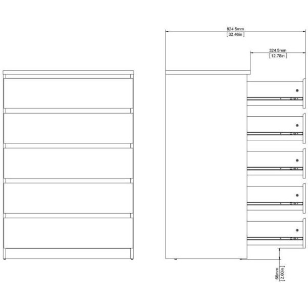 Nibe 75 cm bred kommode mat sort med 5 skuffer.