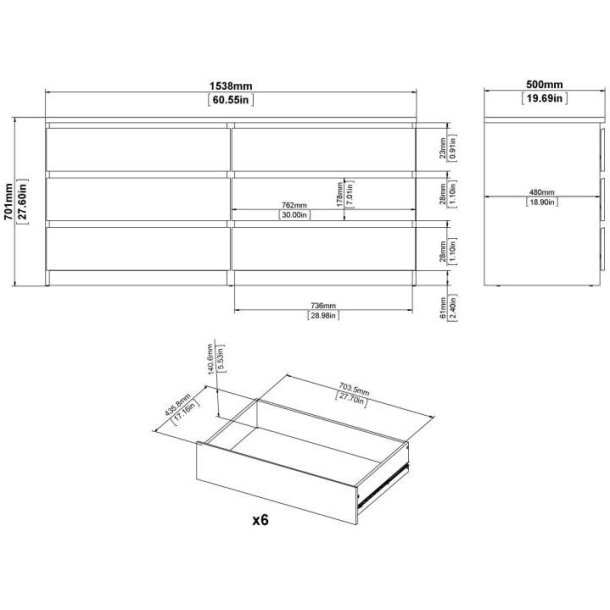 Nibe 150 cm bred kommode sort ask med 2 x 3 skuffer.