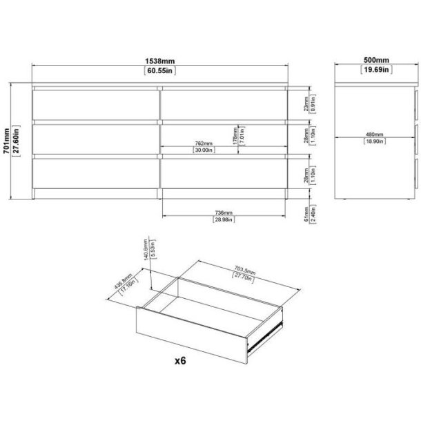 Nibe 150 cm bred mat sort kommode med 2 x 3 skuffer.