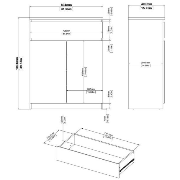 Nibe mat sort sk�nk 80 cm bred med stort skab og 1 skuffe.